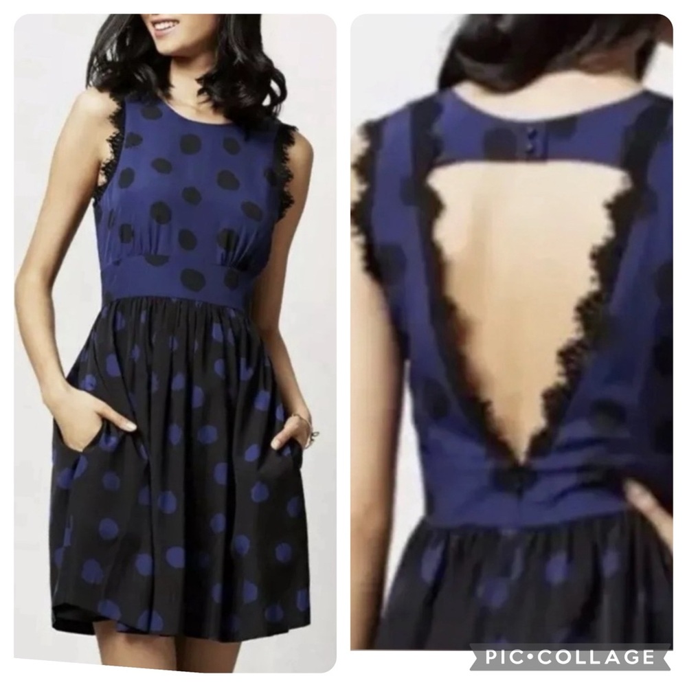 Anthropologie Navy and Black Polka Dot Mini Dress